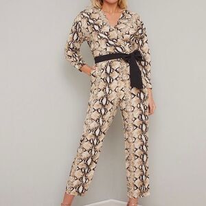 Chi Chi London Claire Snakeprint Tie Waist Fitted Jumpsuit in Brown - Medium